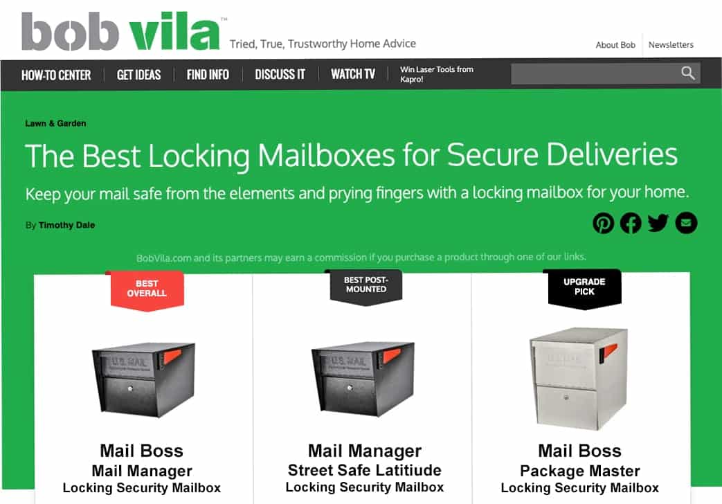 Bob Vila picks Mail Boss Mailboxes as: "The Best Locking Mailboxes for Secure Deliveries"