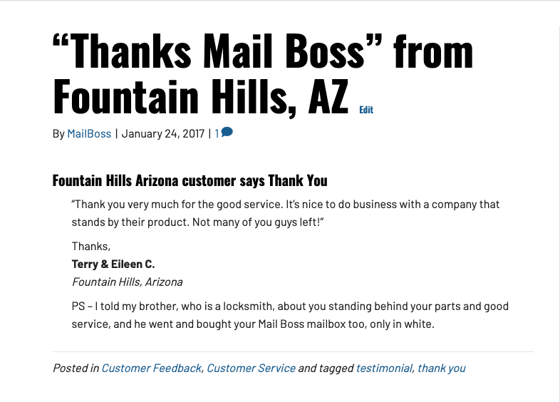 "Thanks Mail Boss" from Fountain Hills, AZ