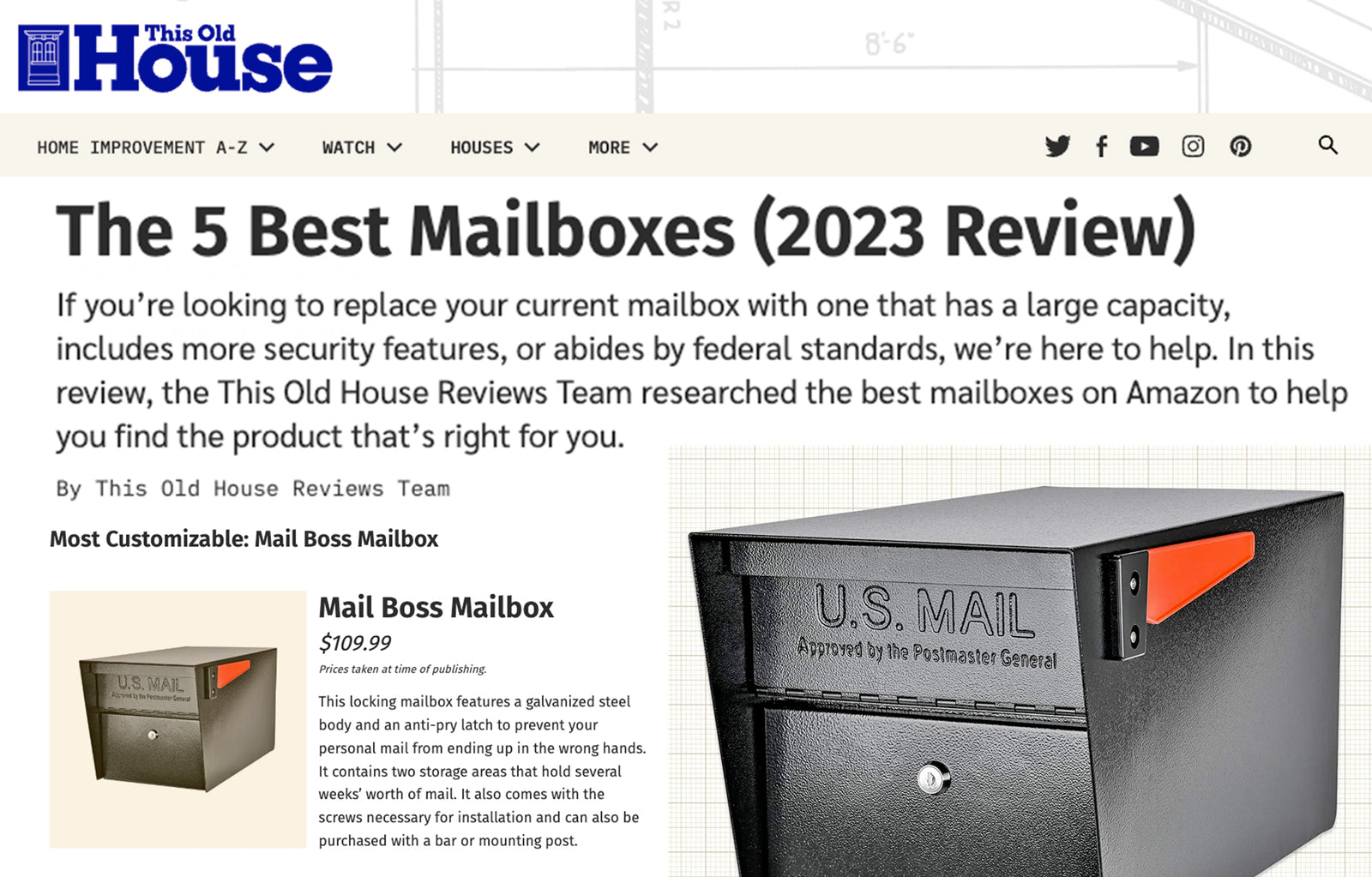 This Old House: "Best Mailboxes (2023 Review)" Mail Boss Mail Manager wins HIGEST SCORE  9.6 / 10